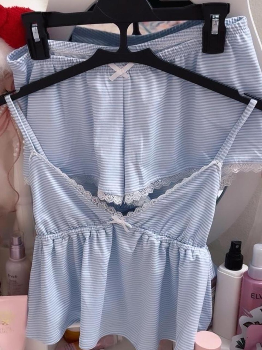 Light Blue Striped Lace-Trim babydoll cami & Short Sleep Set